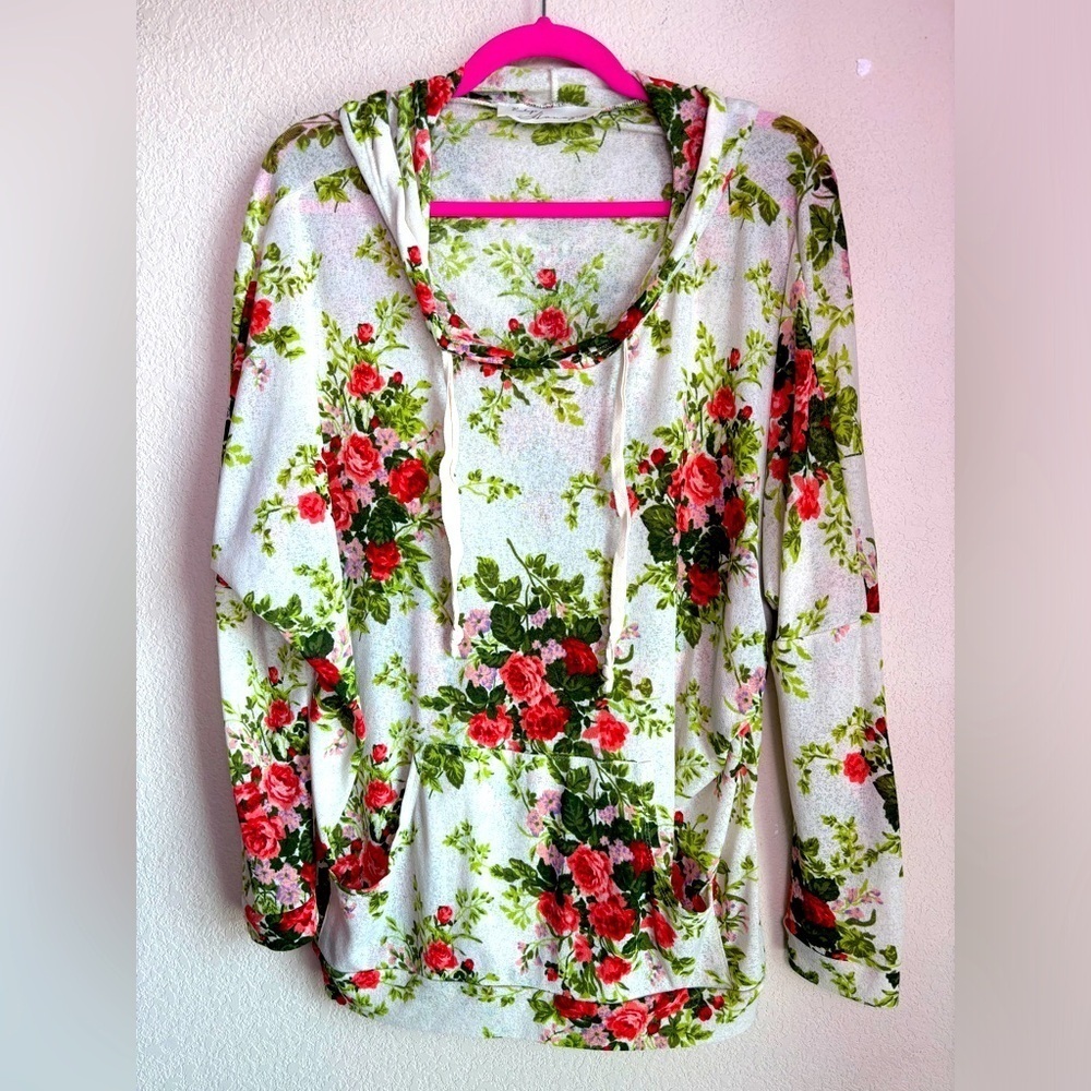 Vintage Havana Cream Rose Print Gauze Burnout Cowl Neck Hooded Pullover L